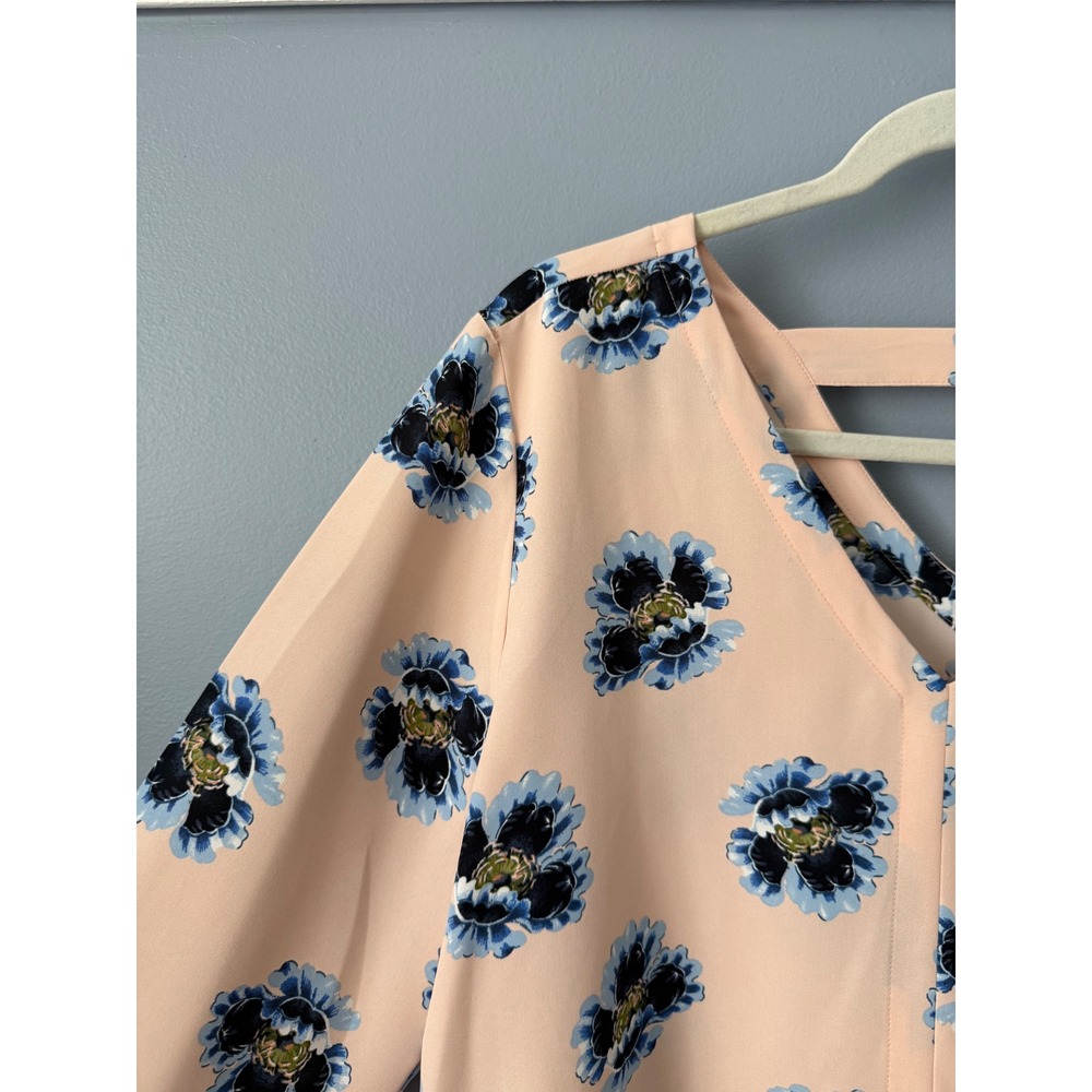 LOFT Blush Pink Blue Floral Long Roll-Tab Sleeve Double V-Neck Boho Size Large - Picture 3 of 10